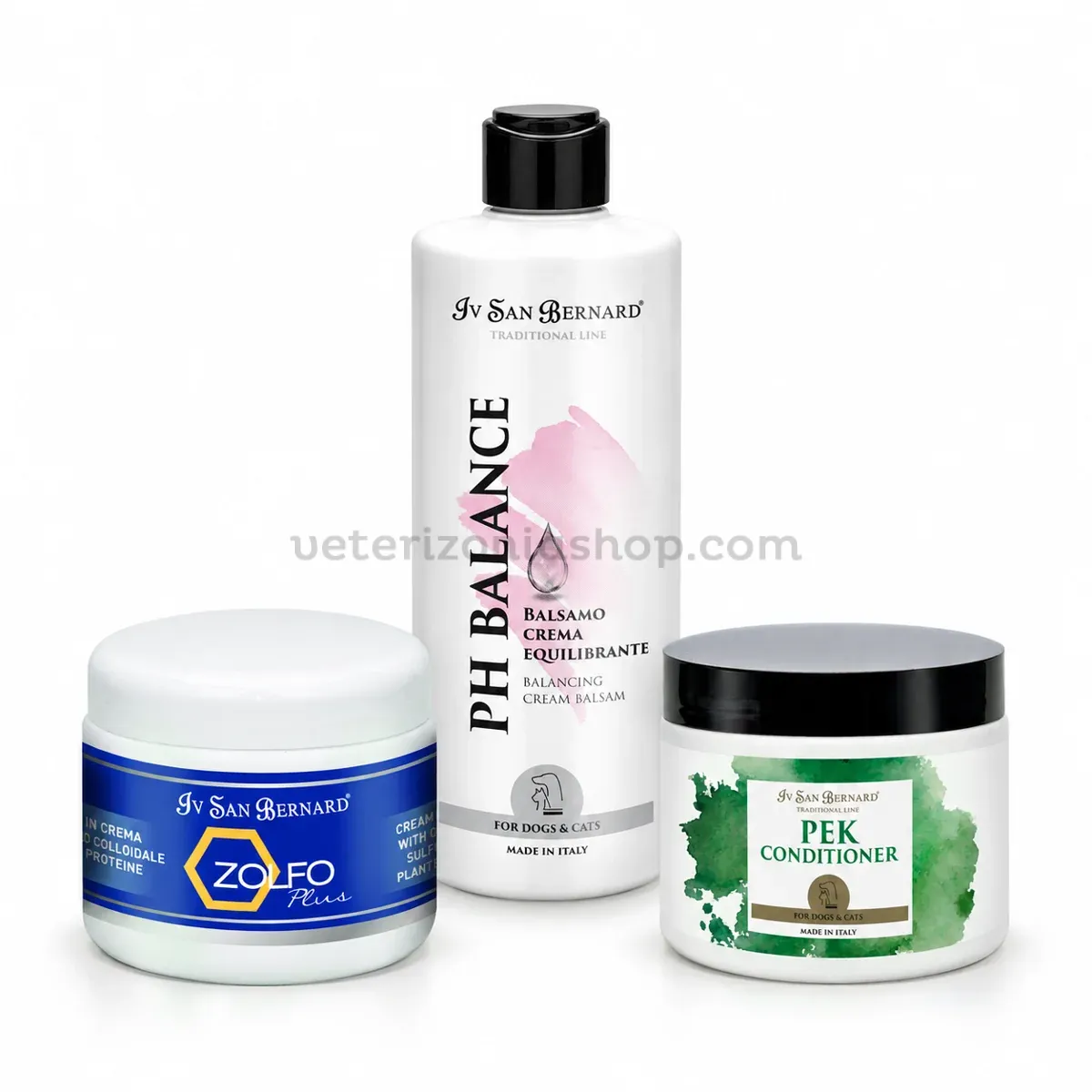 Pack Antipicores pequeno Iv San Bernard tres productos Pack Antipicores pequeño Iv San Bernard con Zolfo Plus, PH Balance y Pek Conditioner en sus envases actuales