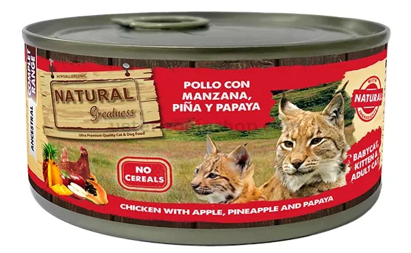 alimento-completo-para-gatitos-y-gatos-pollo-mazana-piña-papaya-natural-greatness-veterizoniashop