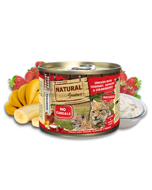 natural greatness pollo-con-yogurt-platano fresas alimento completo gato