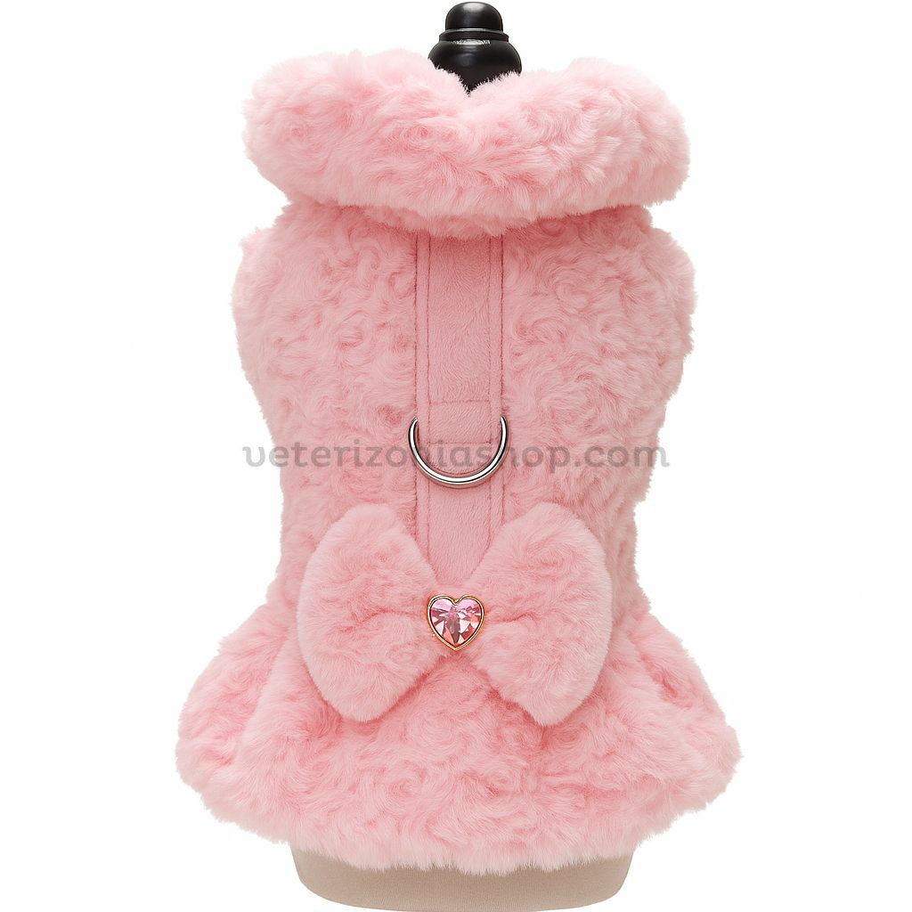 abrigo_rosa_corazon_100kb Abrigo arnés rosa para perro con efecto pelo y lazo con corazón