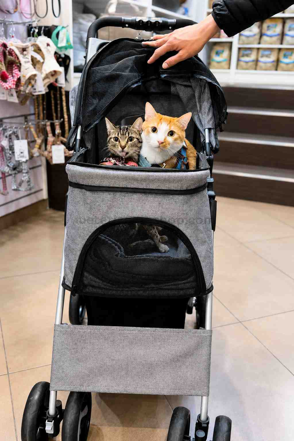 Carrito plegable para perros gris con dos gatos en el interior