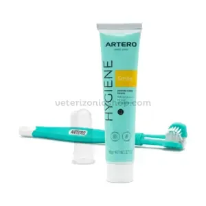 Kit dental para perros con cepillo dental, pasta dental y dedal de silicona para una higiene bucal completa.