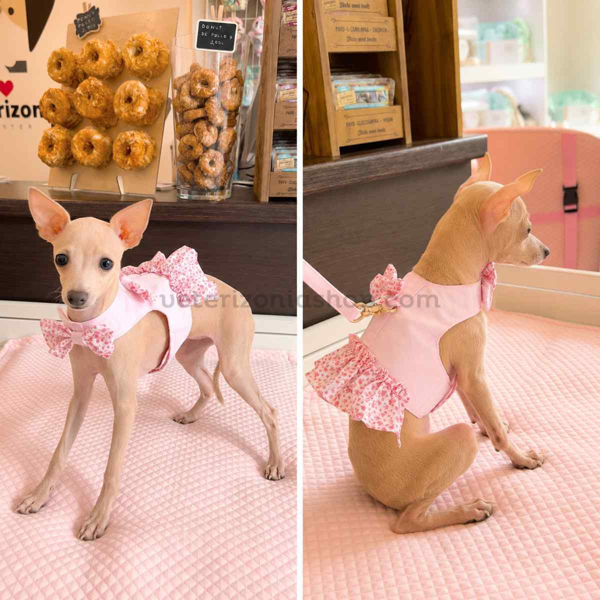 Arnés con correa para perro pequeño Pink Flower rosa bebé con volante floral