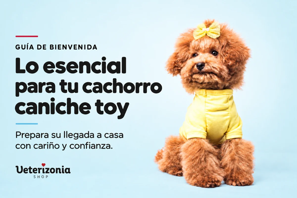 Guía de bienvenida para un cachorro caniche toy, con Thai y el logo de Veterizonia Shop