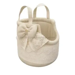 Cesta juguetes perro y gato beige encaje – Organizador de tela acolchada con lazo decorativo