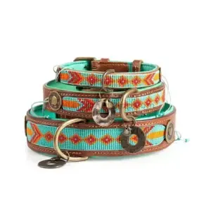 Collar para perro Turquoise Paddy Lee de cuero artesanal con cuentas turquesa