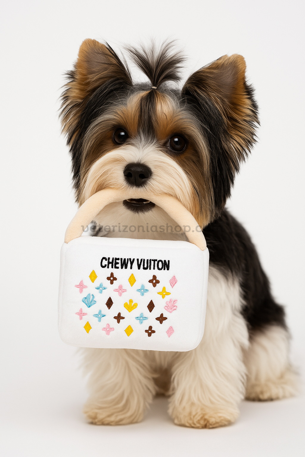 juguete para perros Chewy Vuiton Mini Blanco con chirriador, diseño tipo bolso de lujo Haute Diggity Dog