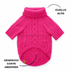 Suéter de punto trenzado rosa para perro con cuello alto y corte anatómico