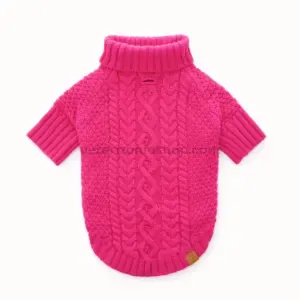 Suéter para perro de punto trenzado rosa fuerte con cuello alto y diseño cálido