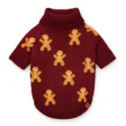 Suéter navideño para perro color burdeos con diseño de hombre de jengibre y cuello alto