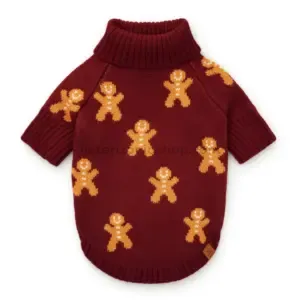 Suéter navideño para perro color burdeos con diseño de hombre de jengibre y cuello alto