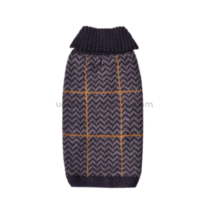 Vista trasera del jersey de alpaca azul preppy para perros con patrón artesanal de líneas