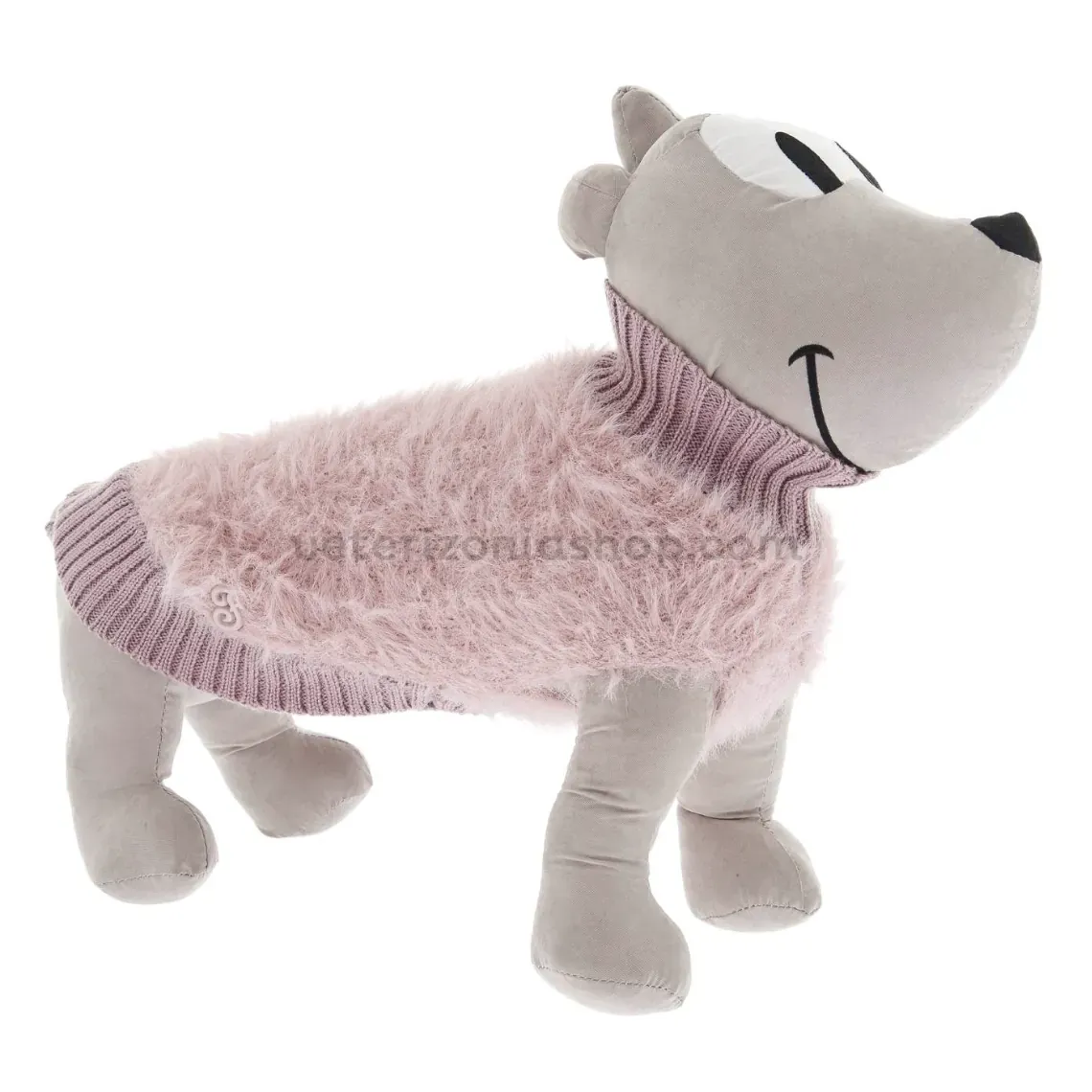 Jersey para perro peluche rosa – vista en modelo, suave y cálido