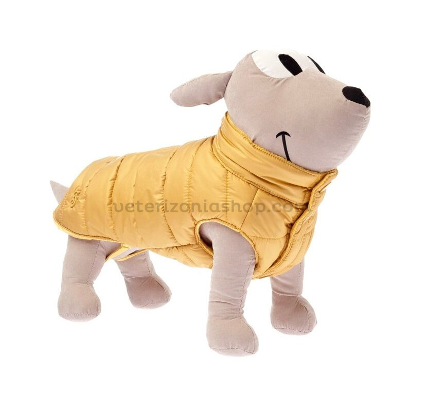 plumífero para perro amarillo abierto mostrando interior y cierres del abrigo
