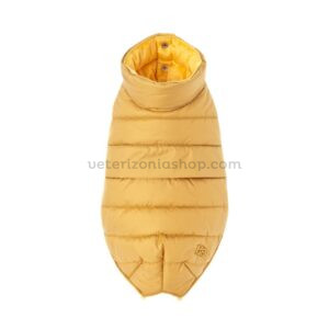 plumífero para perro amarillo visto de perfil, abrigo térmico para perros pequeños y medianos