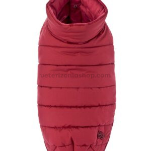 plumífero para perro rojo visto desde arriba con detalle del acolchado térmico