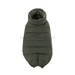 plumífero para perro verde visto de perfil, abrigo térmico para perros pequeños y medianos