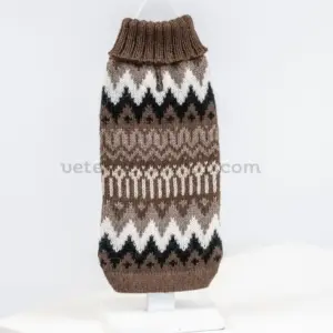 Suéter de lana de alpaca para perro Woolly Peaks color marrón con patrón geométrico artesanal, vista frontal