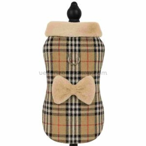 Abrigo Arnés Beige para Perro – Estilo Burberry con Lazo de Pelito y Anilla Plateada