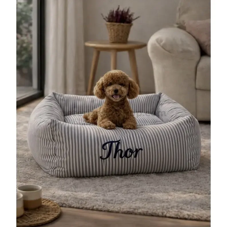 Cama para Perro Desenfundable Rayas Grises con Nombre Veterizonia