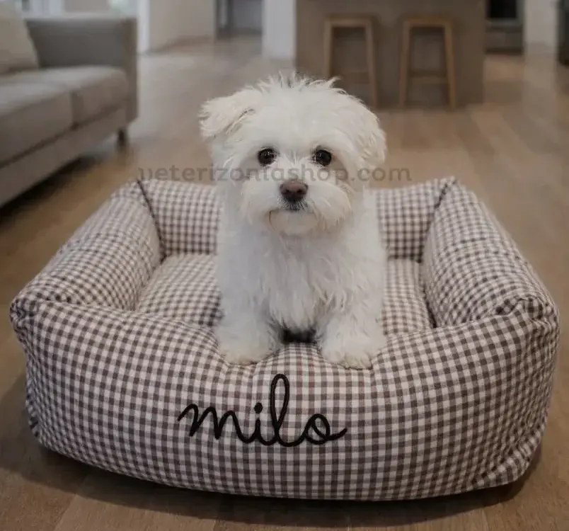 cama-vichy-marron-chocolate-para-perros-pequenos cama para perro desenfundable vichy marrón chocolate personalizada para perro pequeño