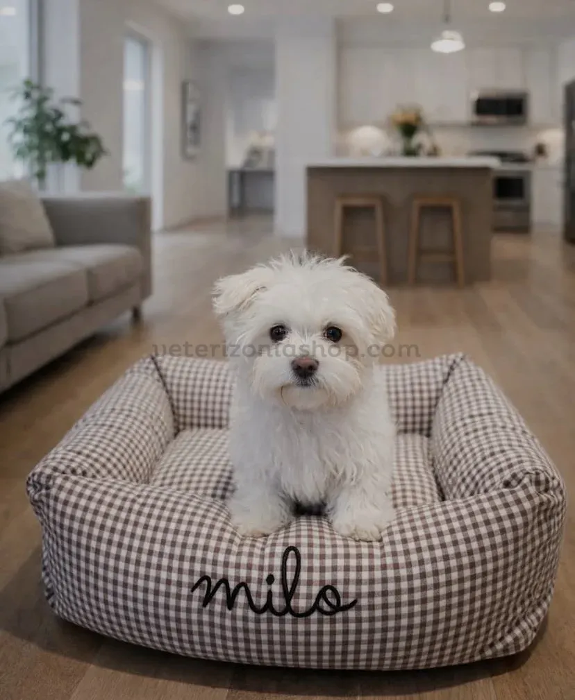 cama para perro desenfundable vichy marrón chocolate personalizada para perro pequeño