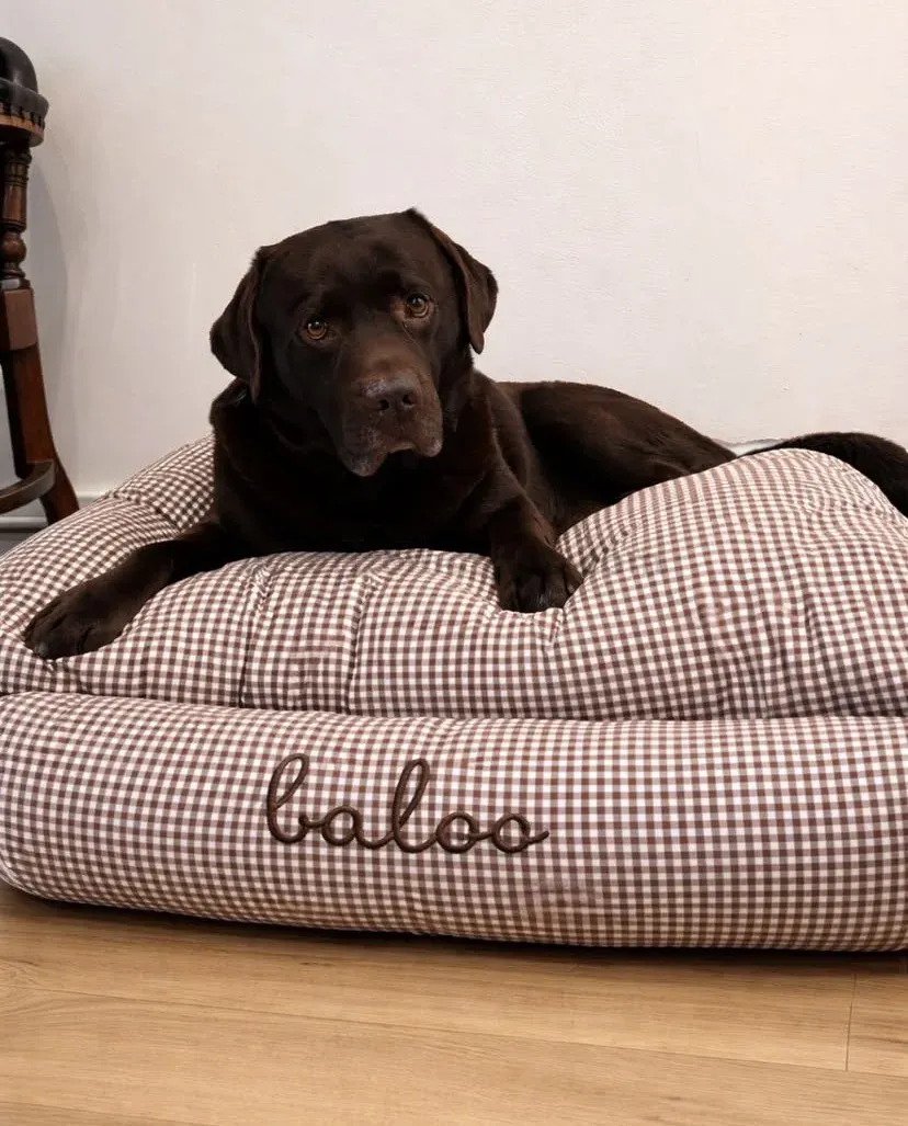 cama para perro desenfundable vichy marrón chocolate con bordado personalizado