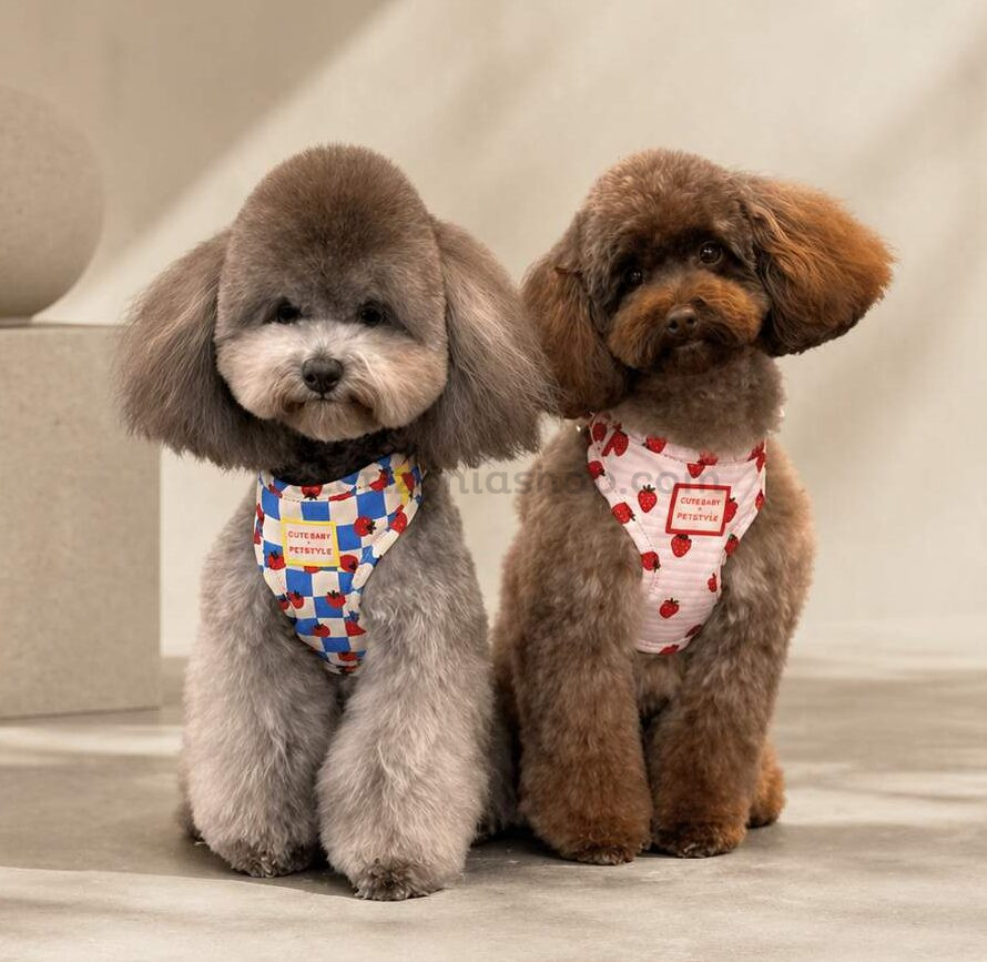 Arnés para perro ajustable rosa con estampado de fresas, transpirable y cómodo, ideal para perros pequeños