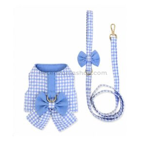 Conjunto de arnés y correa para perro en vichy azul con lazo, ajustable con velcro