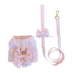 Conjunto de arnés y correa para perro en vichy rosa con lazo, ajustable con velcro, suave y cómodo