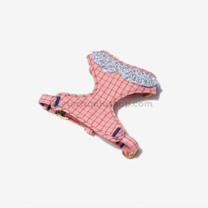 Arnés para perro ajustable rosa con estampado de cuadros y detalle floral