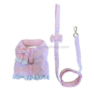 arnés perro rosa con lunares y volante con correa a juego ajustable con velcro