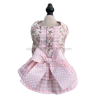 Arnés vestido para perro floral rosa premium con lazo de lunares y falda vichy elegante