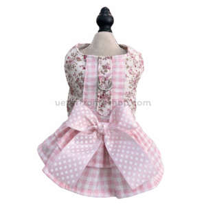 Arnés vestido para perro floral rosa premium con lazo de lunares y falda vichy elegante