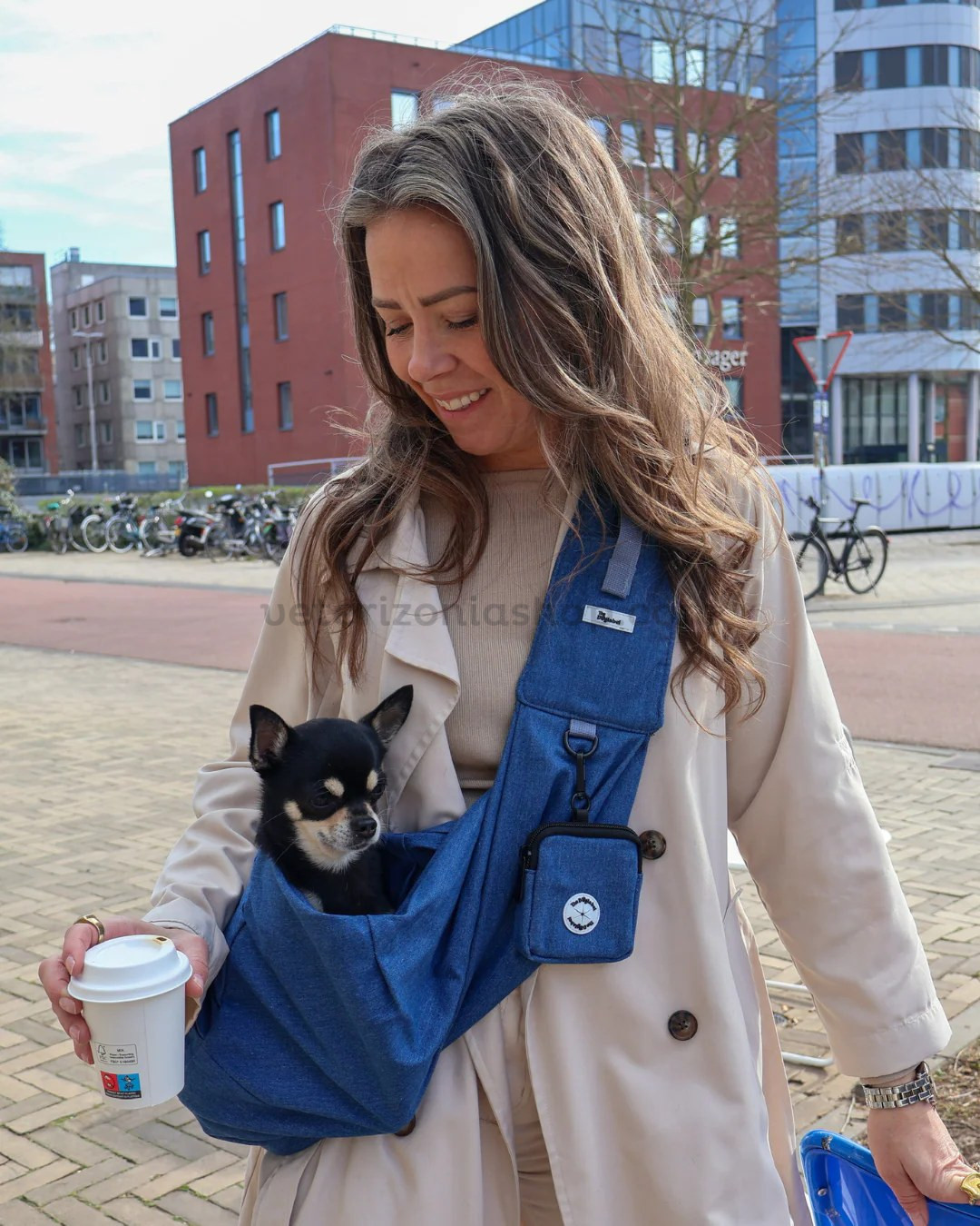 bandolera_perros_denim_3 mujer llevando bandolera para perro pequeño denim