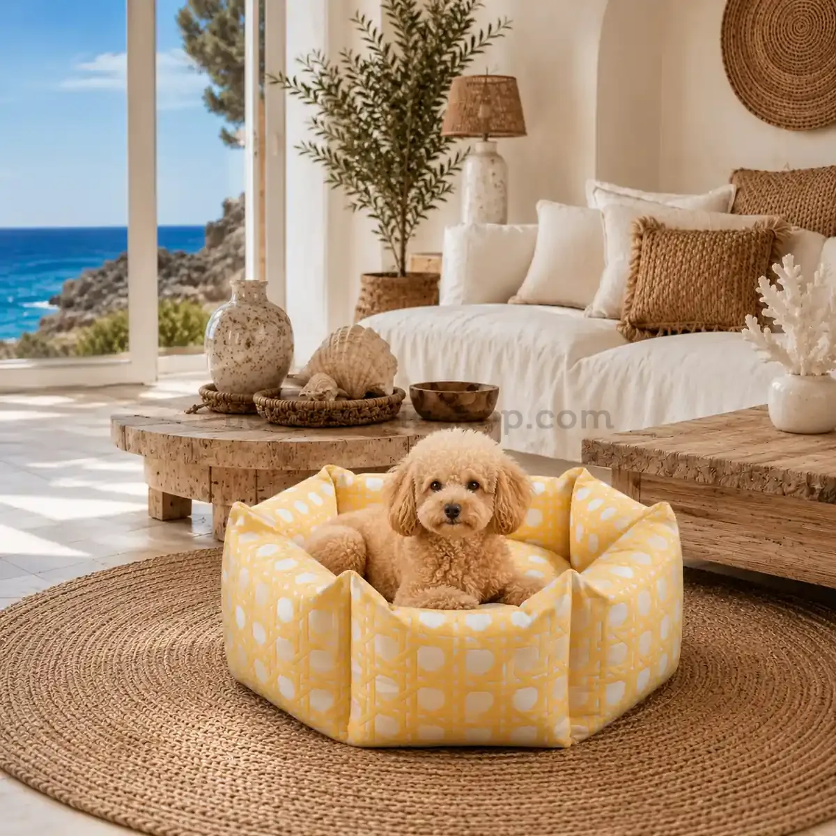 Cama heptagonal premium para perros pequeños estilo mediterráneo con perro caniche
