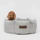 cachorro descansando en cama perro rayas grises premium
