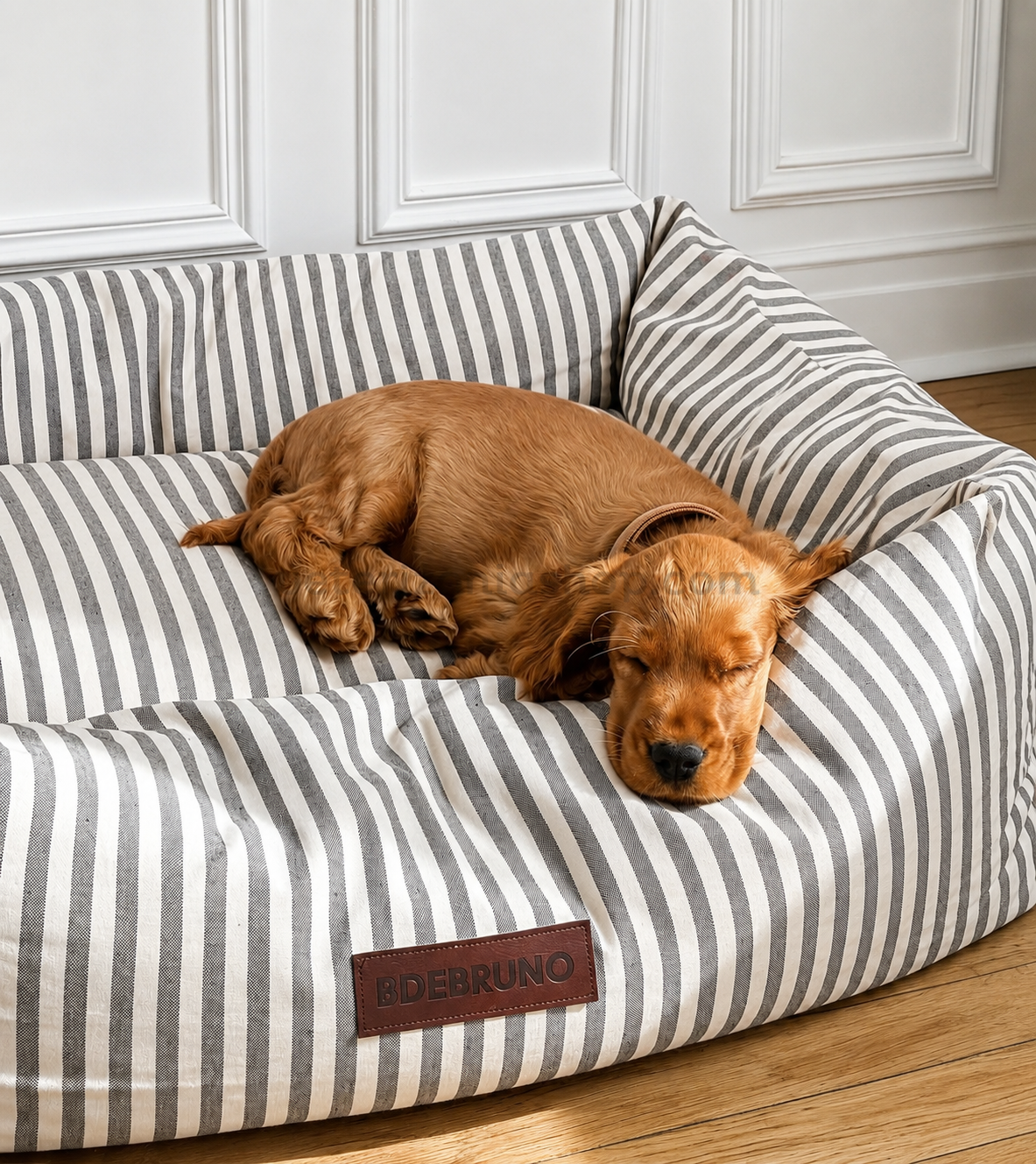 cama-perro-rayas-gris-beige-cocker-durmiendo-veterizonia Cocker spaniel descansando sobre cama desenfundable para perros con diseño de rayas gris y beige acolchada y confortable.