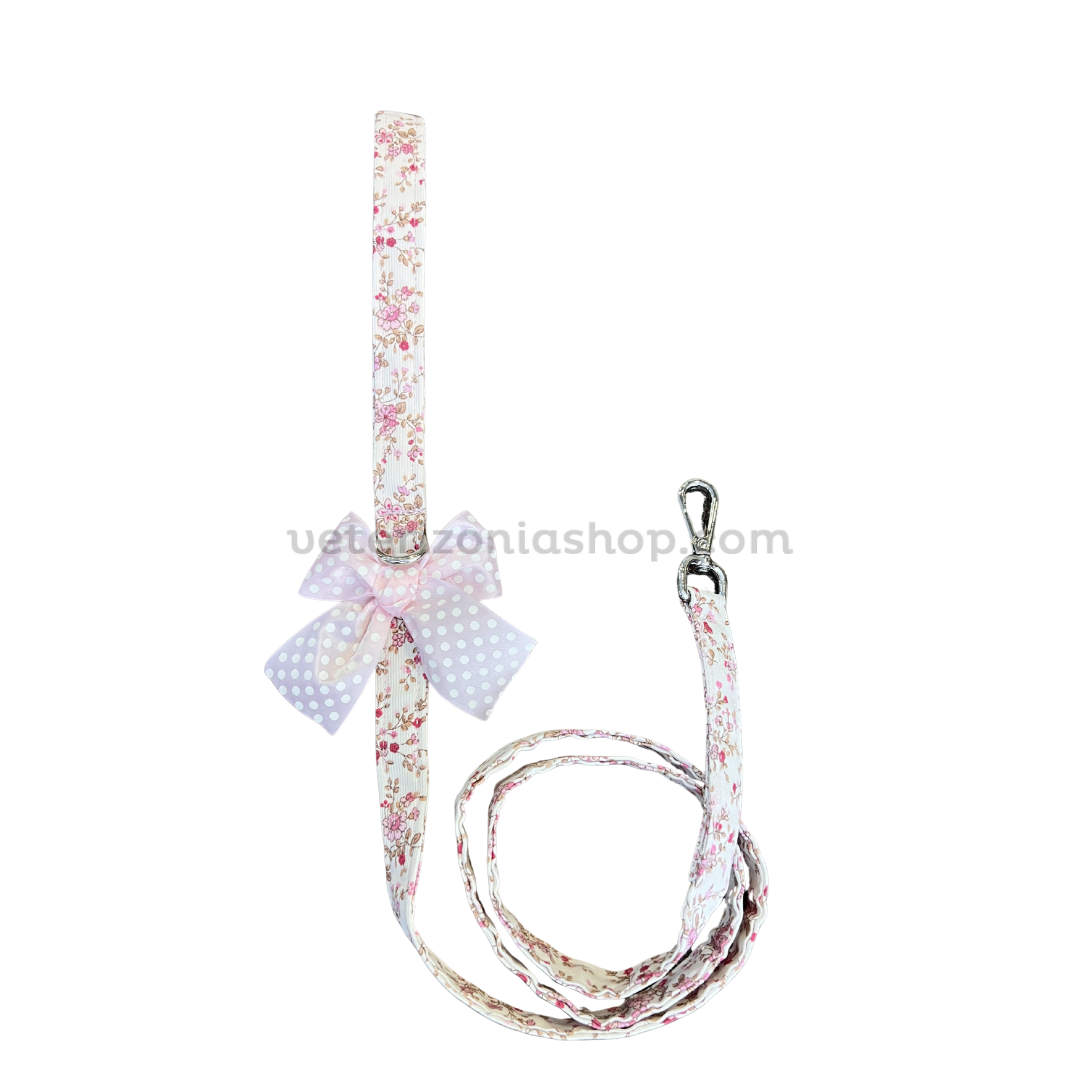Correa para perro floral rosa premium con lazo decorativo haciendo juego con arnés vestido