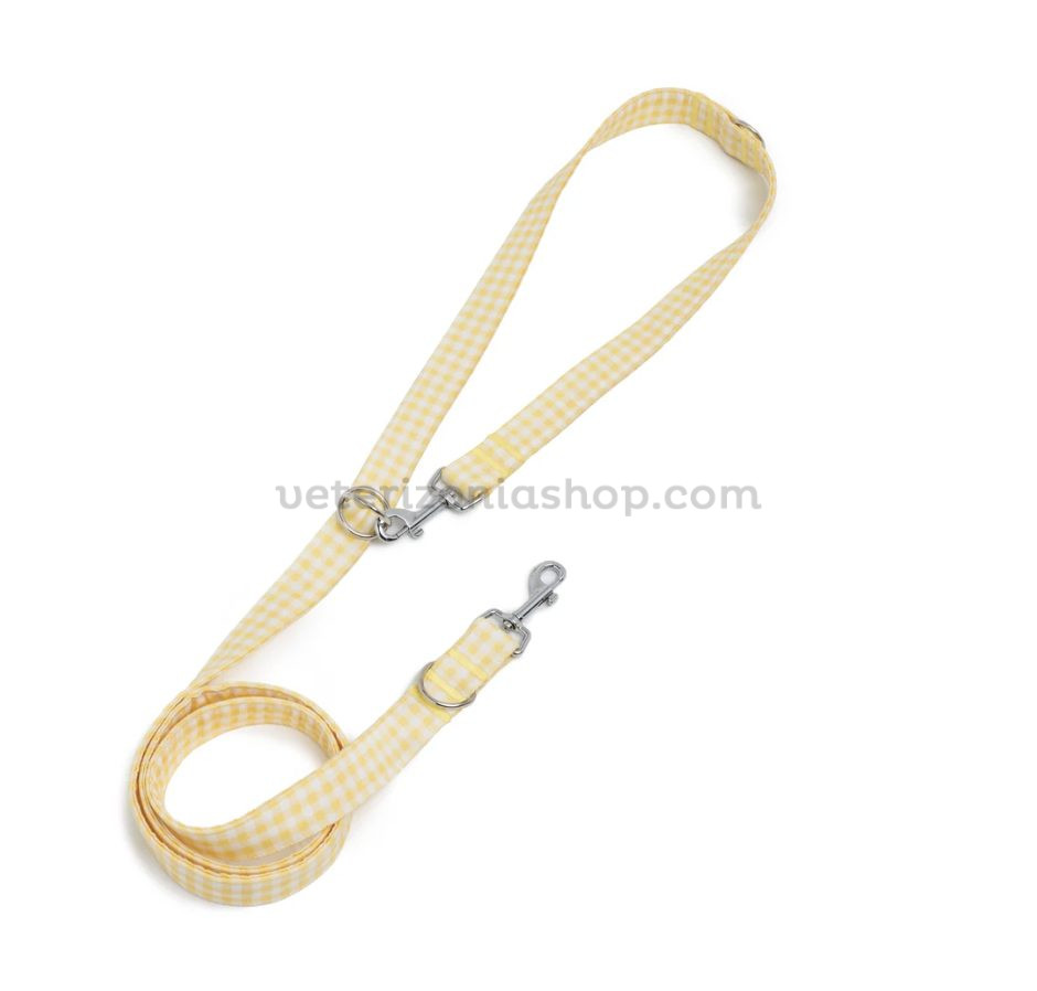 Correa multiposición para perro vichy amarillo premium ajustable con doble mosquetón y diseño elegante para paseo diario