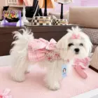 Vestido arnés floral rosa para perros pequeños con lazo vichy rosa elegante