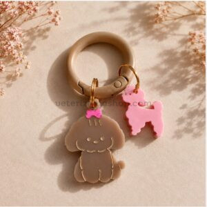 Chapa identificativa rosa para perros pequeños tipo Caniche Toy, Maltipoo o Cobberdog grabada con nombre y teléfono personalizada en metacrilato pastel.