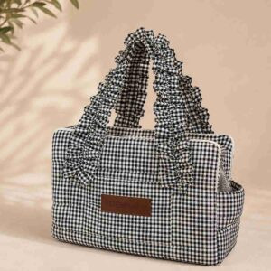 Bolso transportín de viaje para perros vichy negro premium con asas de volantes y diseño elegante