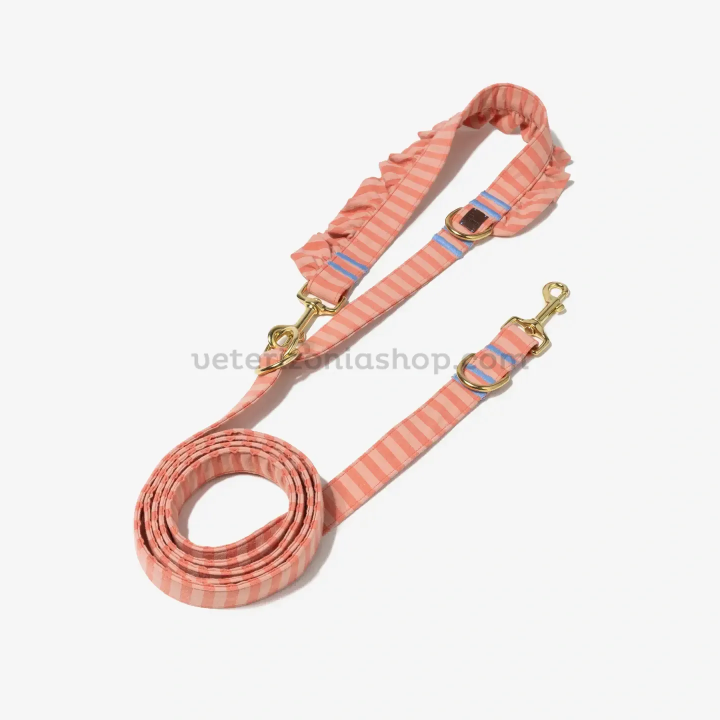 Correa multiposición para perros rayas coral con ondulina decorativa y mosquetones metálicos dorados.