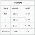 Guía de tallas de correa para perros con medidas de ancho y largo en versión simple y multiposición.