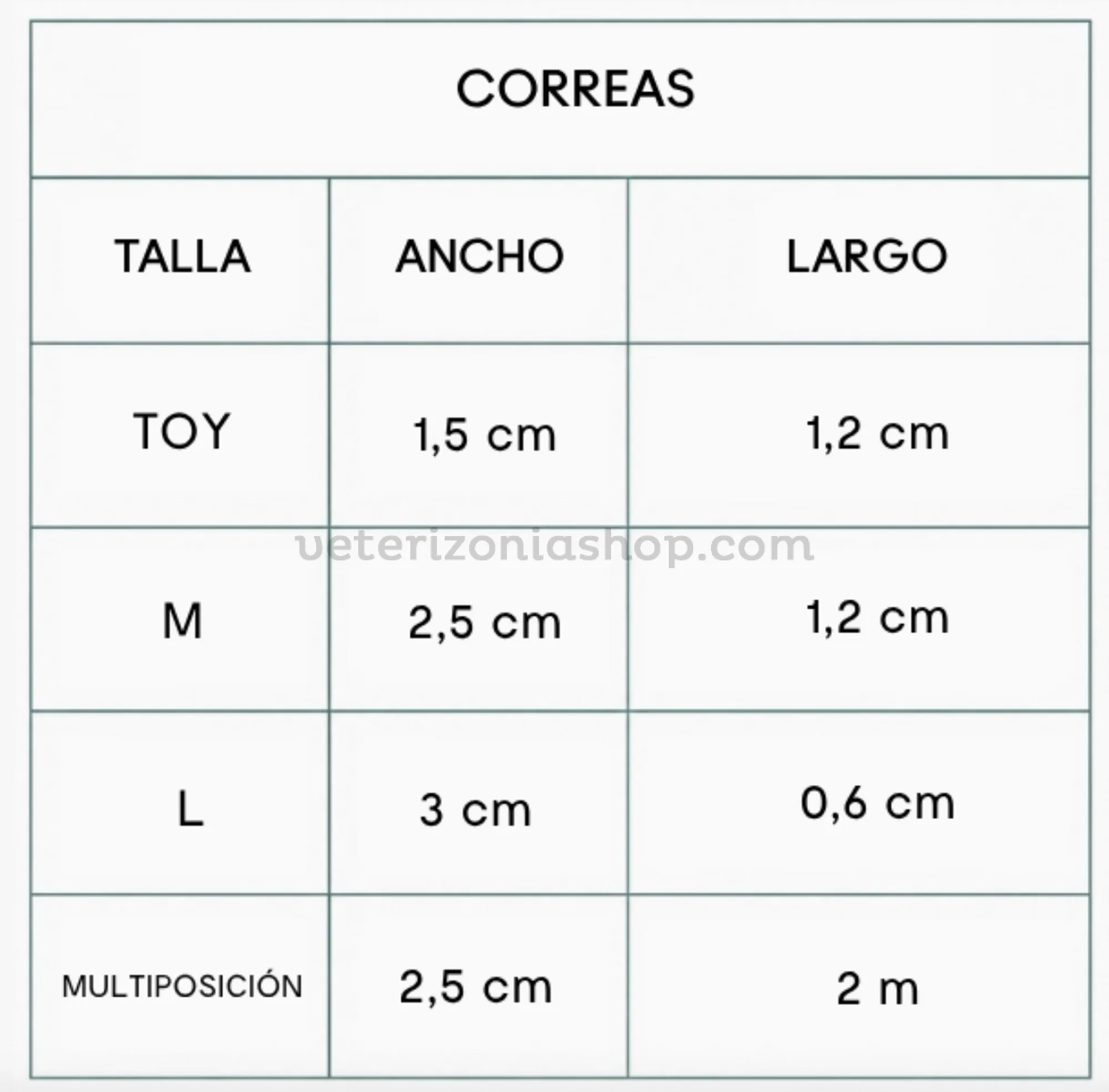 Guía de tallas de correa para perros con medidas de ancho y largo en versión simple y multiposición.