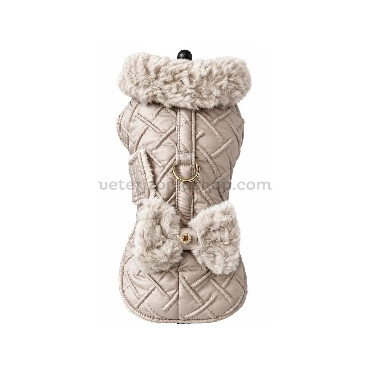 Abrigo arnés beige acolchado con lazo | VeterizoniaShop Abrigo arnés beige acolchado para perro, con cuello de pelo, lazo y anilla dorada