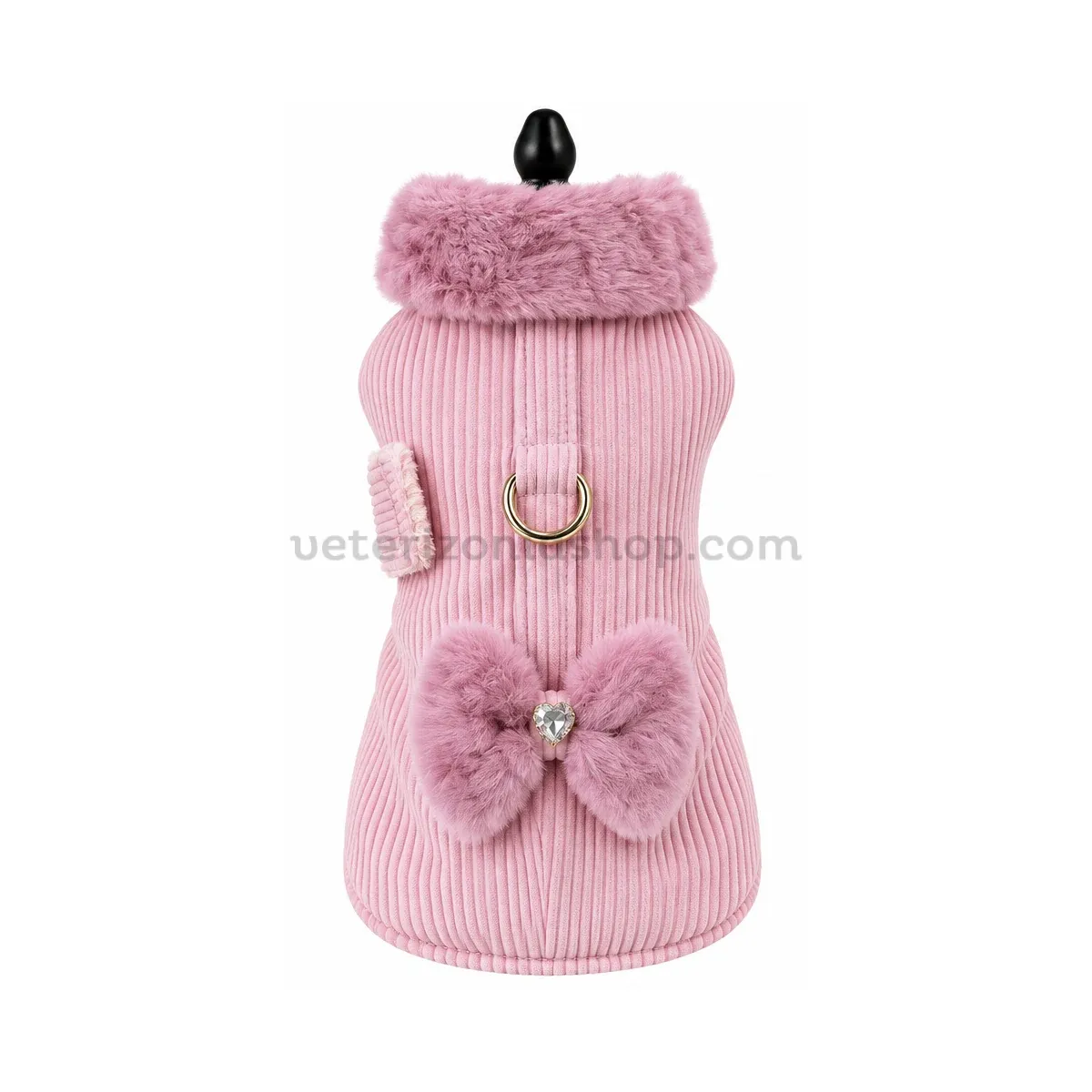 Abrigo arnés rosa de micropana con lazo | VeterizoniaShop Abrigo arnés rosa de micropana para perro, con cuello de pelo, lazo con corazón y anilla dorada