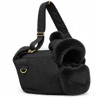 Bolso transportín negro para perro pequeño con manta y capucha extraíbles, pompón y correa ajustable