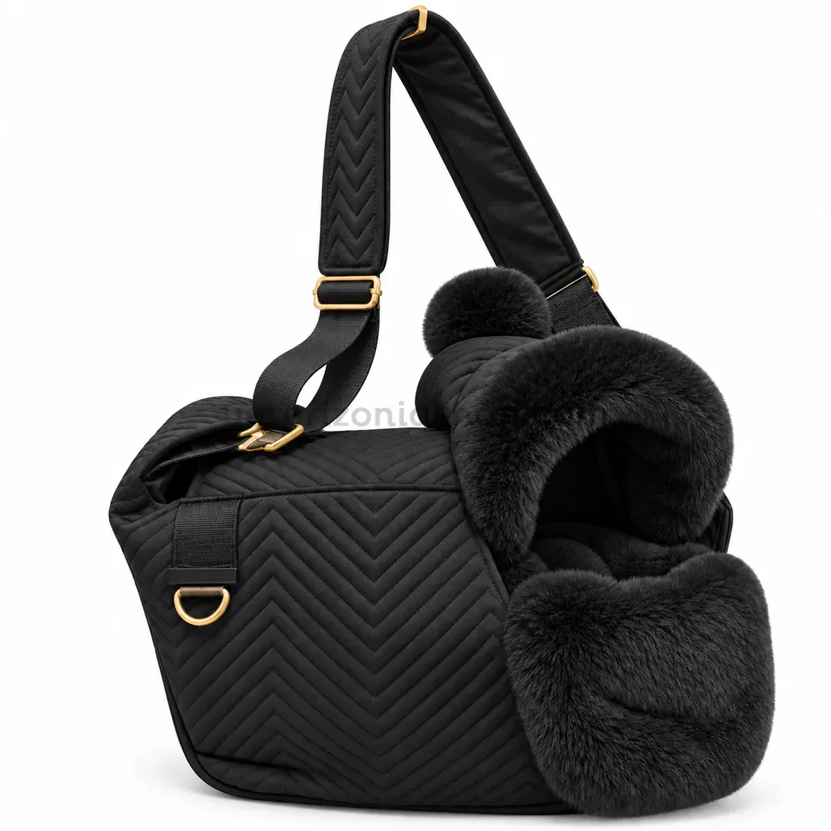 Bolso transportín negro para perro pequeño con manta y capucha extraíbles, pompón y correa ajustable